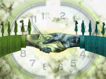 Two Hands Shaking In Front Of A Clock